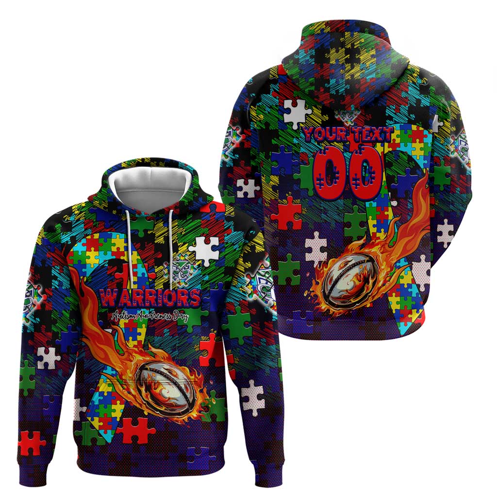 New Zealand Warriors Autism Awareness Hoodie Puzzle Flames Rugby Ball