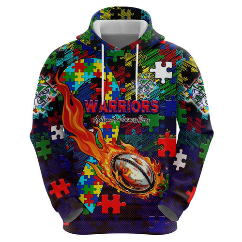 New Zealand Warriors Autism Awareness Hoodie Puzzle Flames Rugby Ball