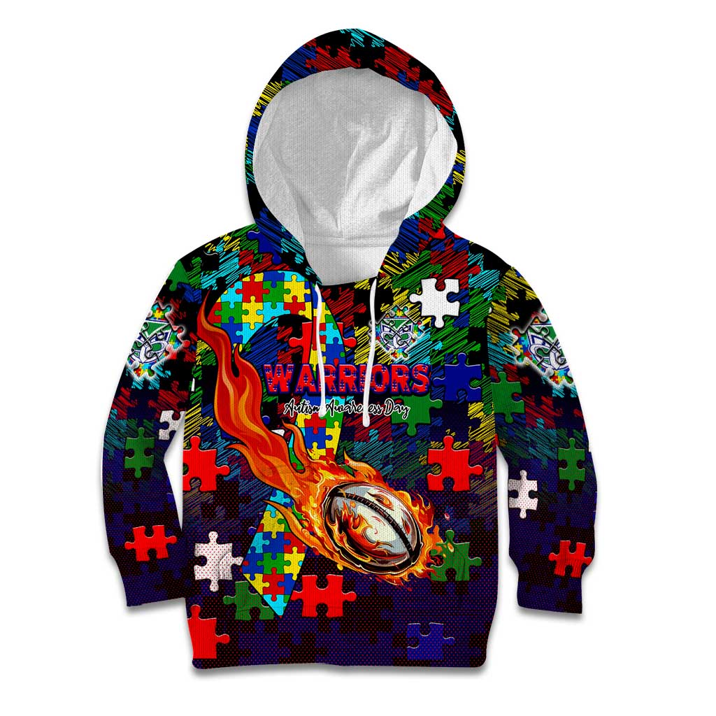 New Zealand Warriors Autism Awareness Kid Hoodie Puzzle Flames Rugby Ball