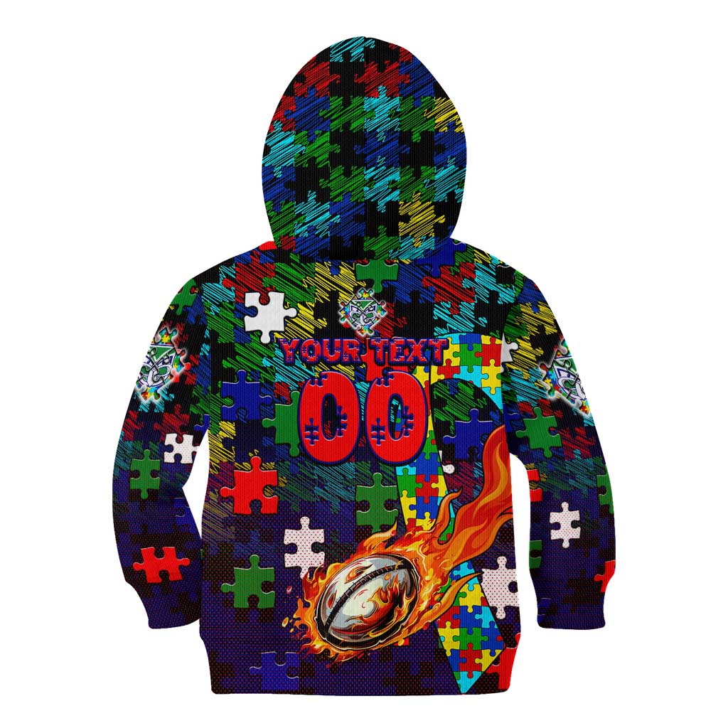 New Zealand Warriors Autism Awareness Kid Hoodie Puzzle Flames Rugby Ball