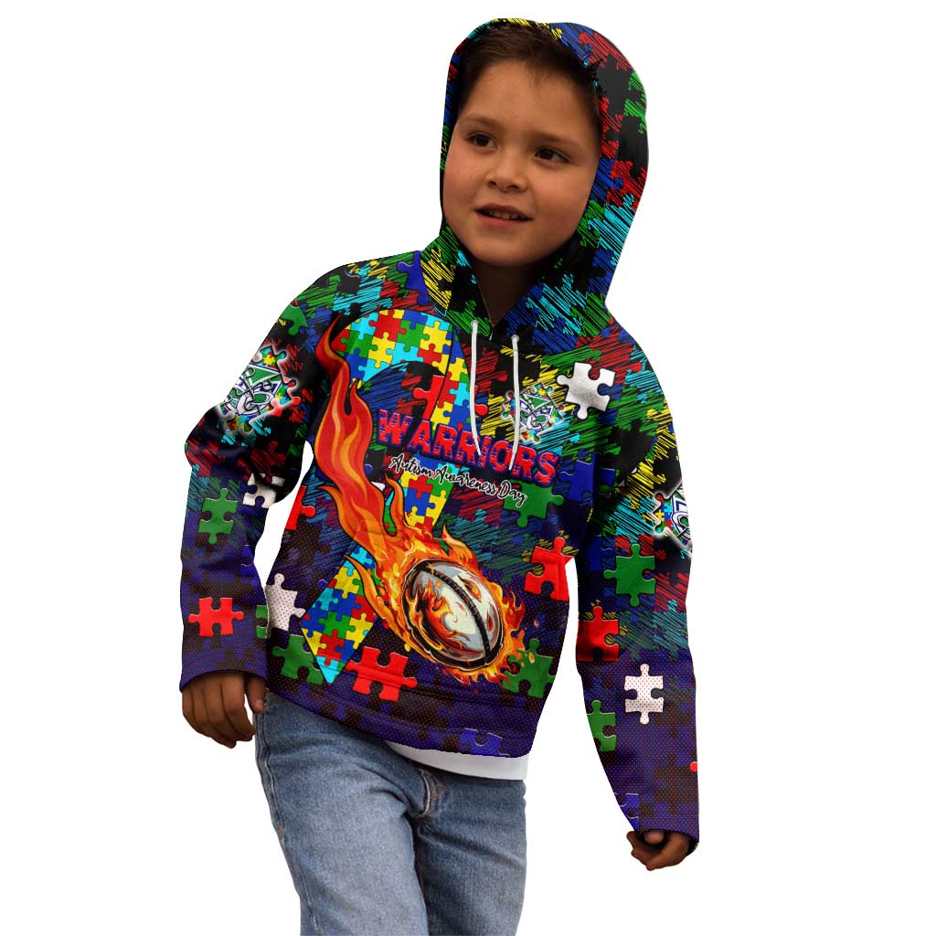 New Zealand Warriors Autism Awareness Kid Hoodie Puzzle Flames Rugby Ball