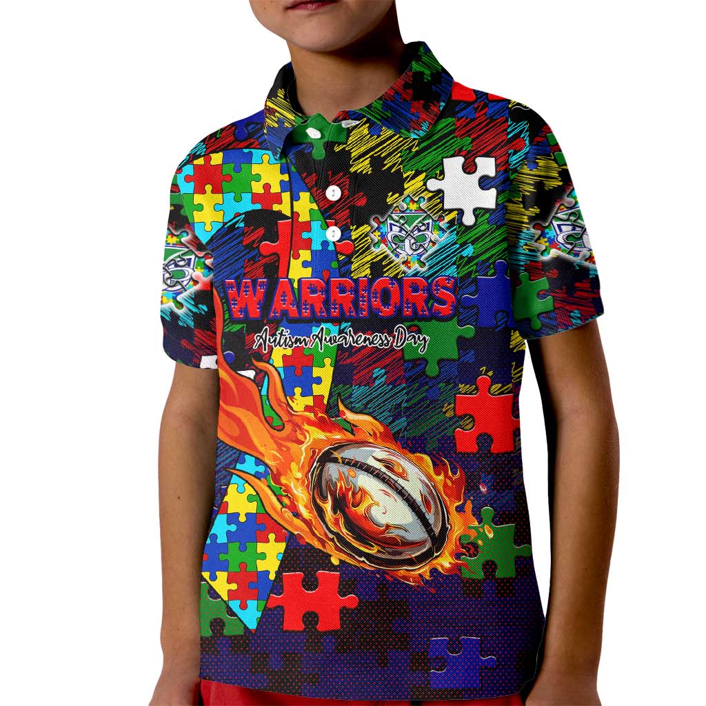 New Zealand Warriors Autism Awareness Kid Polo Shirt Puzzle Flames Rugby Ball