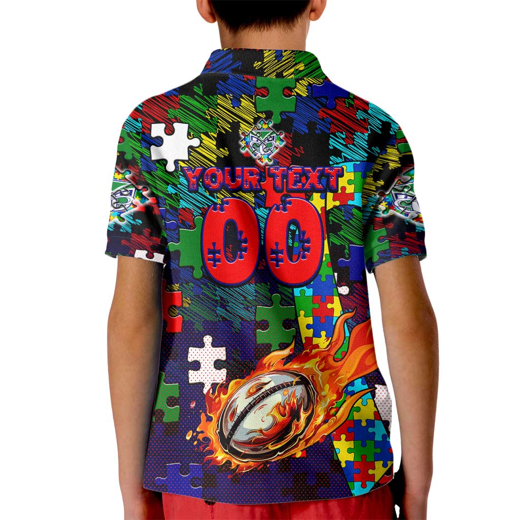 New Zealand Warriors Autism Awareness Kid Polo Shirt Puzzle Flames Rugby Ball