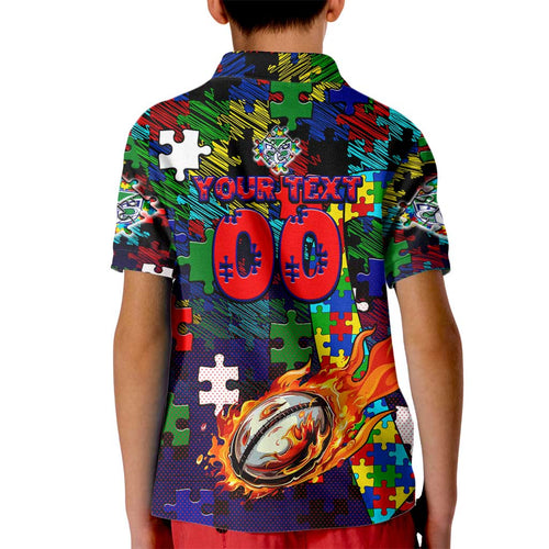 New Zealand Warriors Autism Awareness Kid Polo Shirt Puzzle Flames Rugby Ball