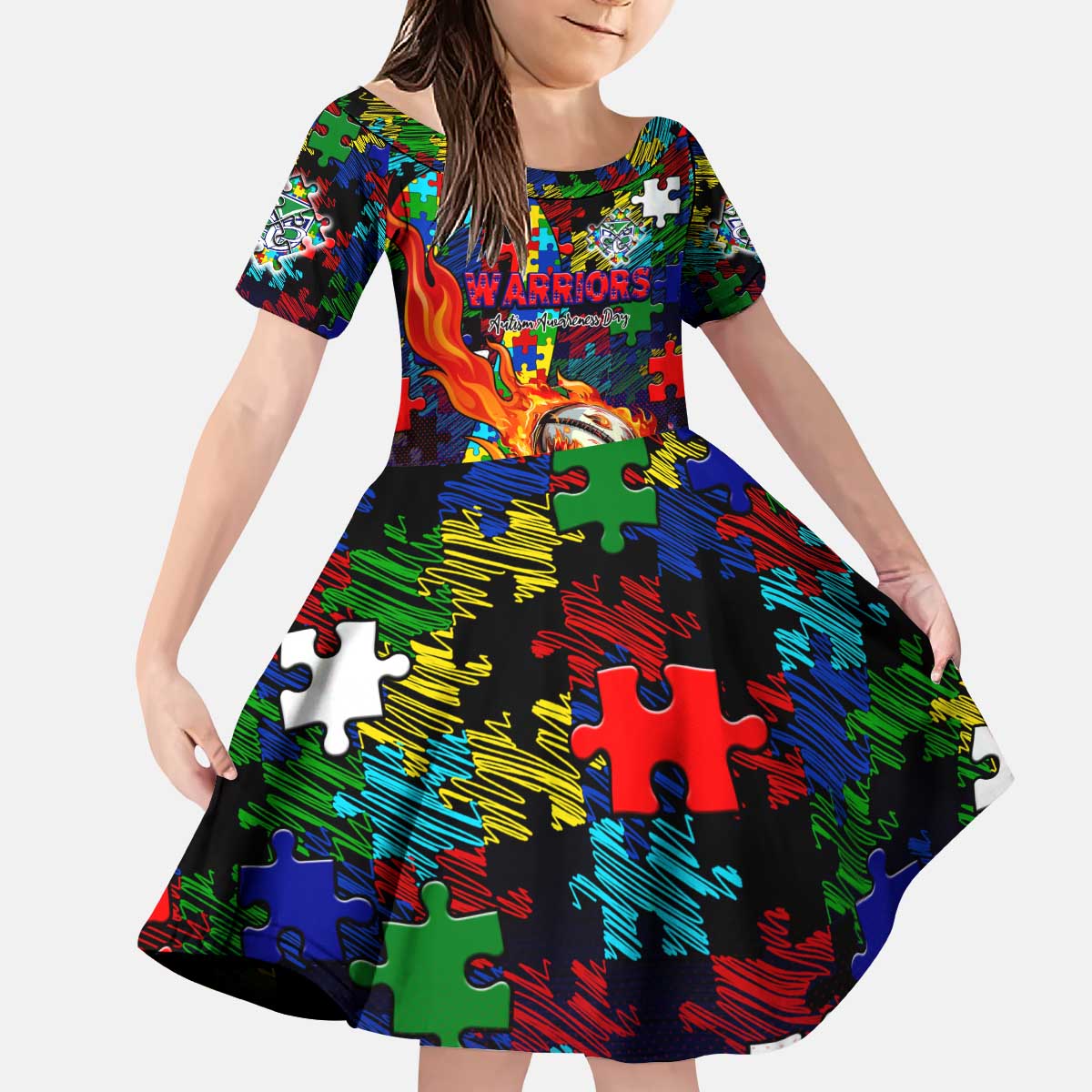 New Zealand Warriors Autism Awareness Kid Short Sleeve Dress Puzzle Flames Rugby Ball