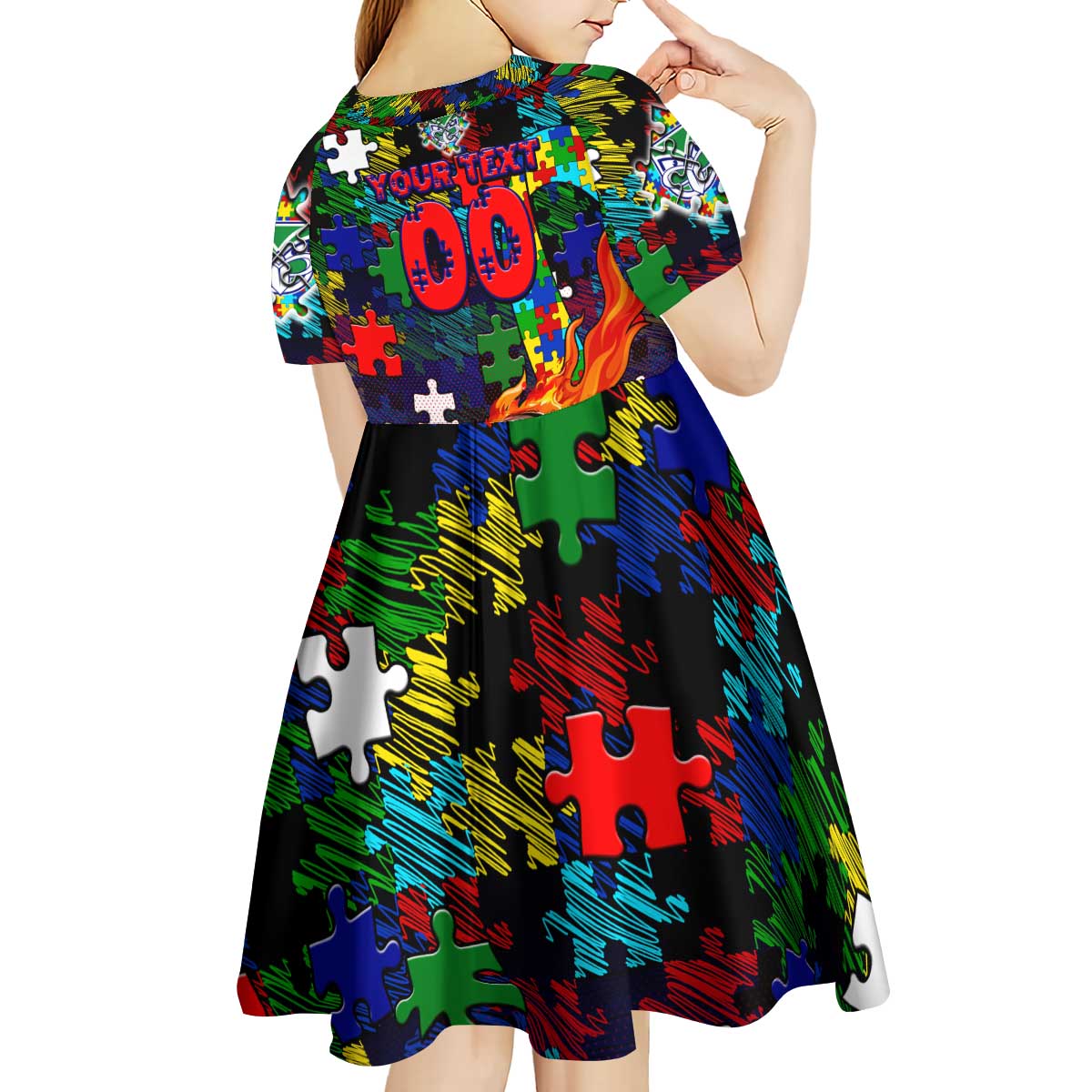 New Zealand Warriors Autism Awareness Kid Short Sleeve Dress Puzzle Flames Rugby Ball