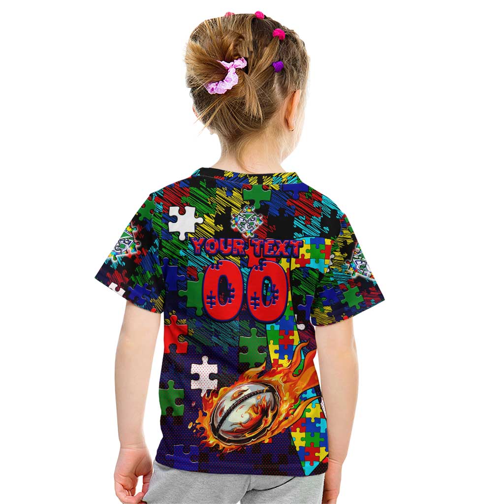 New Zealand Warriors Autism Awareness Kid T Shirt Puzzle Flames Rugby Ball