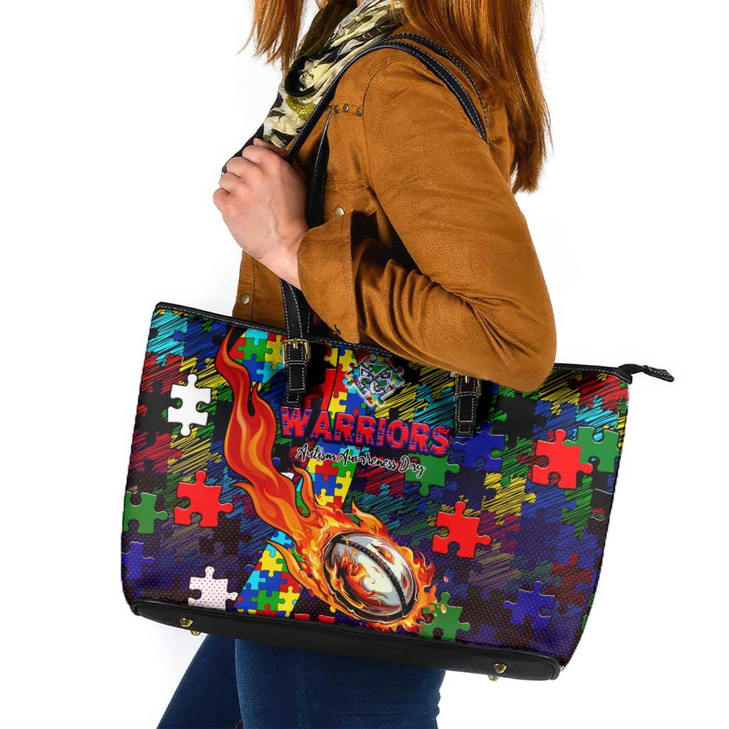 New Zealand Warriors Autism Awareness Leather Tote Bag Puzzle Flames Rugby Ball