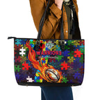 New Zealand Warriors Autism Awareness Leather Tote Bag Puzzle Flames Rugby Ball