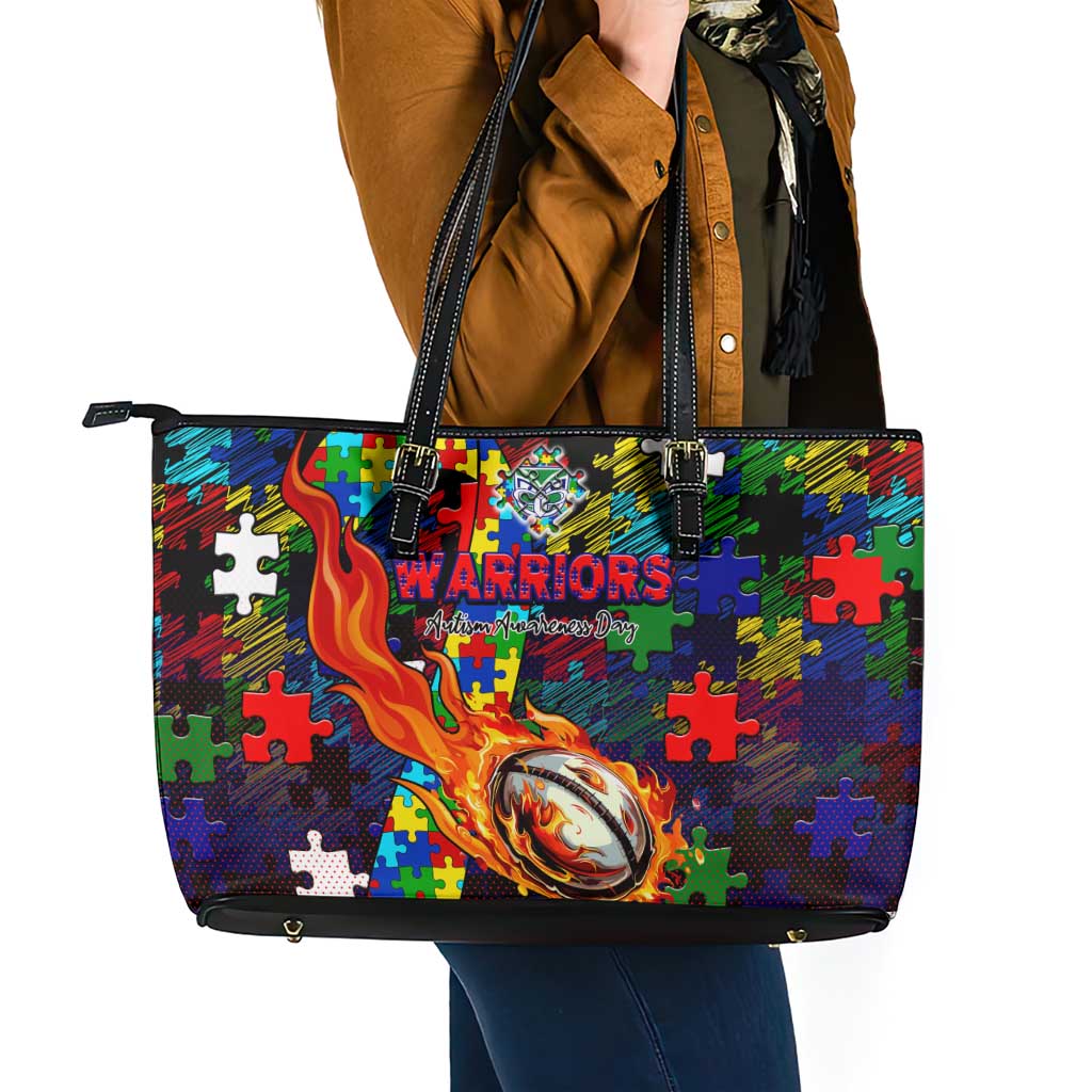 New Zealand Warriors Autism Awareness Leather Tote Bag Puzzle Flames Rugby Ball