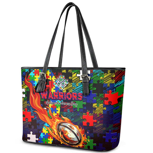 New Zealand Warriors Autism Awareness Leather Tote Bag Puzzle Flames Rugby Ball