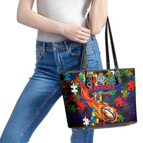 New Zealand Warriors Autism Awareness Leather Tote Bag Puzzle Flames Rugby Ball