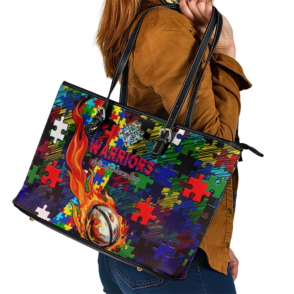New Zealand Warriors Autism Awareness Leather Tote Bag Puzzle Flames Rugby Ball