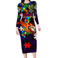 New Zealand Warriors Autism Awareness Long Sleeve Bodycon Dress Puzzle Flames Rugby Ball