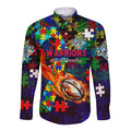 New Zealand Warriors Autism Awareness Long Sleeve Button Shirt Puzzle Flames Rugby Ball