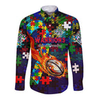New Zealand Warriors Autism Awareness Long Sleeve Button Shirt Puzzle Flames Rugby Ball