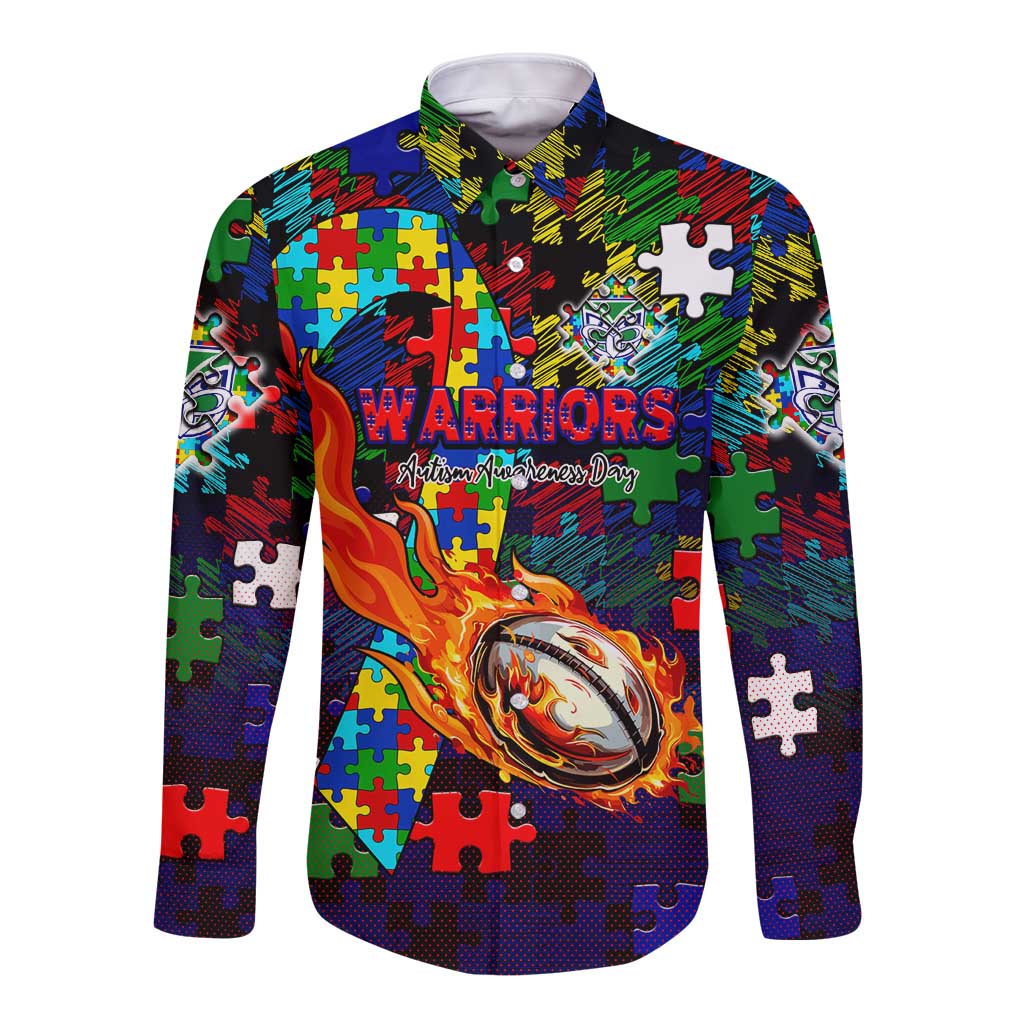 New Zealand Warriors Autism Awareness Long Sleeve Button Shirt Puzzle Flames Rugby Ball