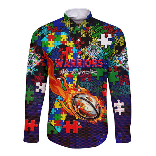 New Zealand Warriors Autism Awareness Long Sleeve Button Shirt Puzzle Flames Rugby Ball