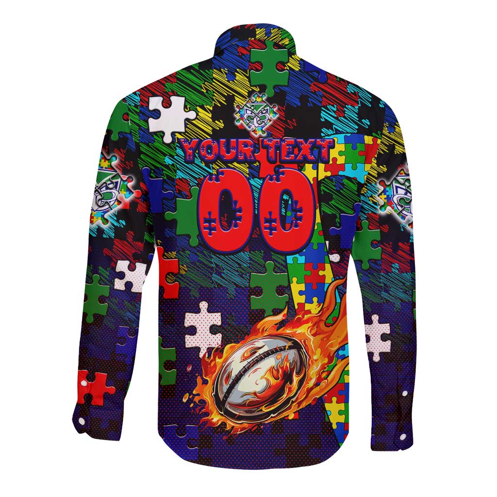 New Zealand Warriors Autism Awareness Long Sleeve Button Shirt Puzzle Flames Rugby Ball