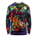 New Zealand Warriors Autism Awareness Long Sleeve Shirt Puzzle Flames Rugby Ball