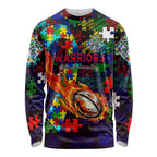 New Zealand Warriors Autism Awareness Long Sleeve Shirt Puzzle Flames Rugby Ball