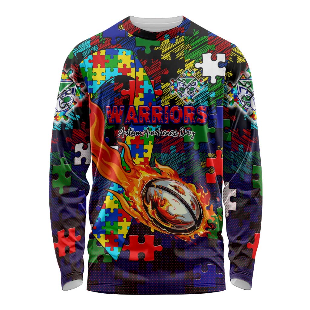 New Zealand Warriors Autism Awareness Long Sleeve Shirt Puzzle Flames Rugby Ball