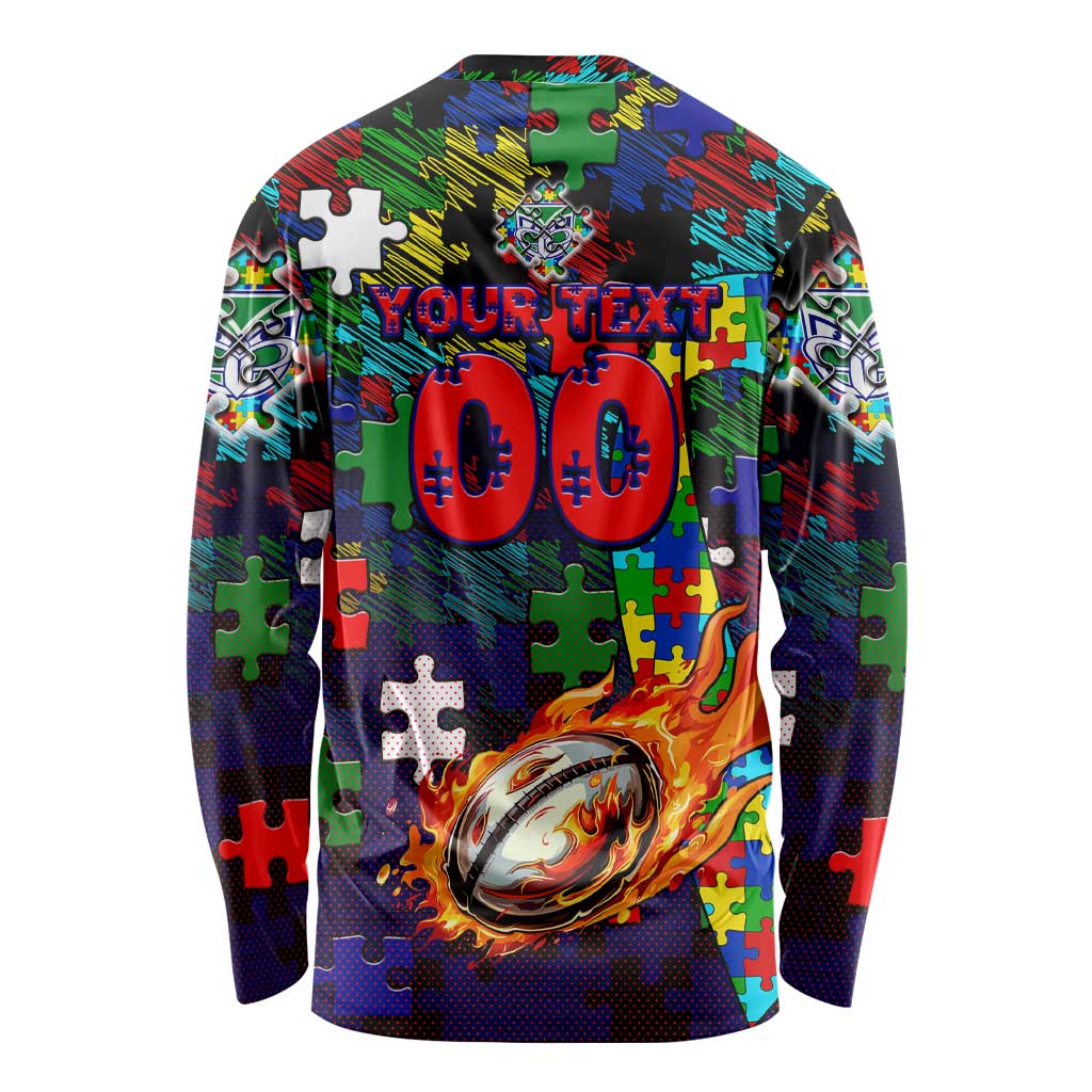 New Zealand Warriors Autism Awareness Long Sleeve Shirt Puzzle Flames Rugby Ball