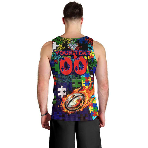 New Zealand Warriors Autism Awareness Men Tank Top Puzzle Flames Rugby Ball