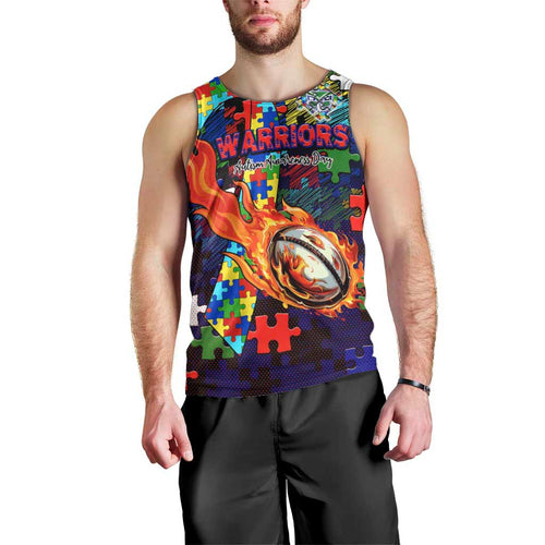 New Zealand Warriors Autism Awareness Men Tank Top Puzzle Flames Rugby Ball