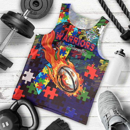New Zealand Warriors Autism Awareness Men Tank Top Puzzle Flames Rugby Ball