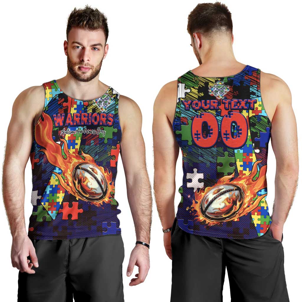 New Zealand Warriors Autism Awareness Men Tank Top Puzzle Flames Rugby Ball