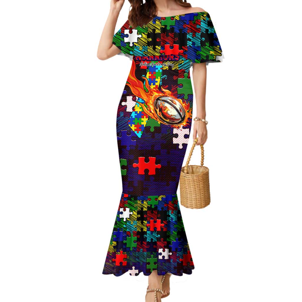 New Zealand Warriors Autism Awareness Mermaid Dress Puzzle Flames Rugby Ball