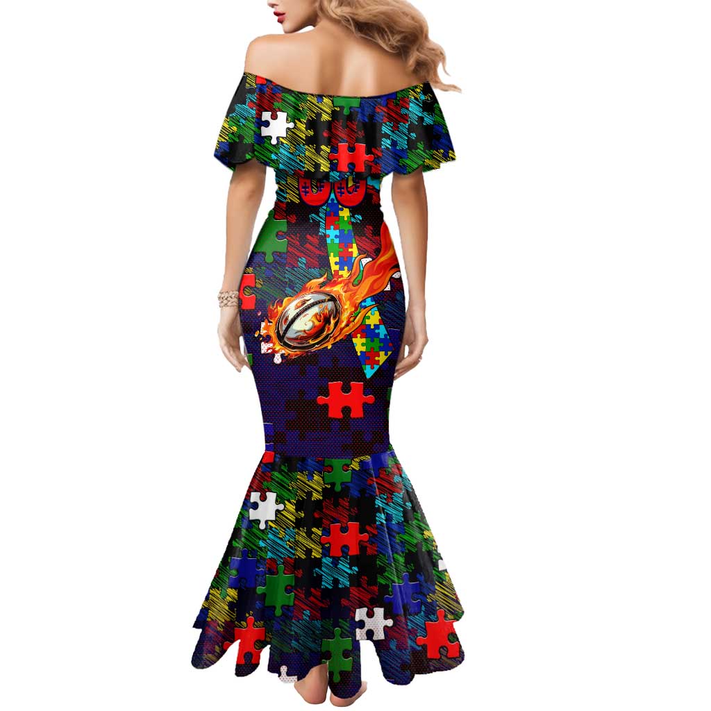 New Zealand Warriors Autism Awareness Mermaid Dress Puzzle Flames Rugby Ball