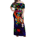 New Zealand Warriors Autism Awareness Off Shoulder Maxi Dress Puzzle Flames Rugby Ball