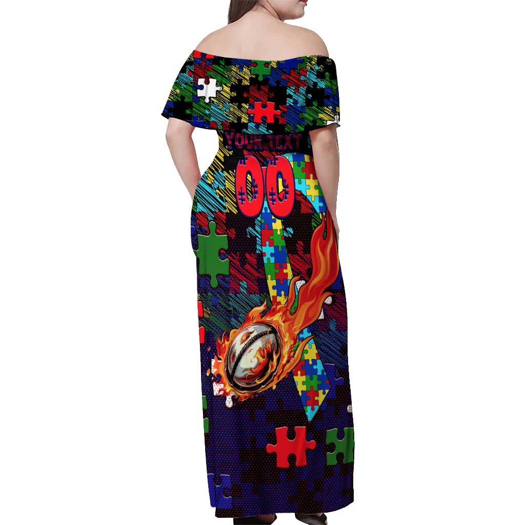 New Zealand Warriors Autism Awareness Off Shoulder Maxi Dress Puzzle Flames Rugby Ball
