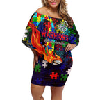 New Zealand Warriors Autism Awareness Off Shoulder Short Dress Puzzle Flames Rugby Ball