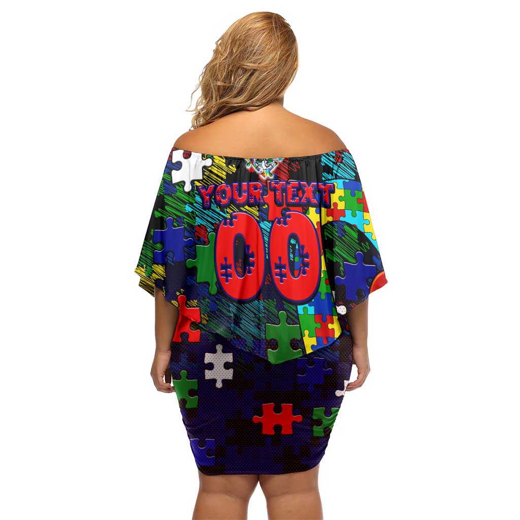 New Zealand Warriors Autism Awareness Off Shoulder Short Dress Puzzle Flames Rugby Ball