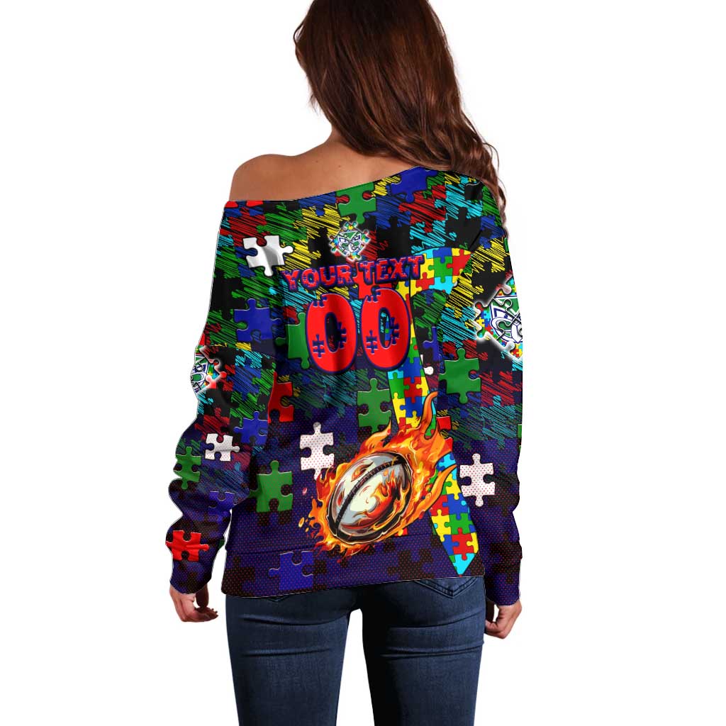 New Zealand Warriors Autism Awareness Off Shoulder Sweater Puzzle Flames Rugby Ball