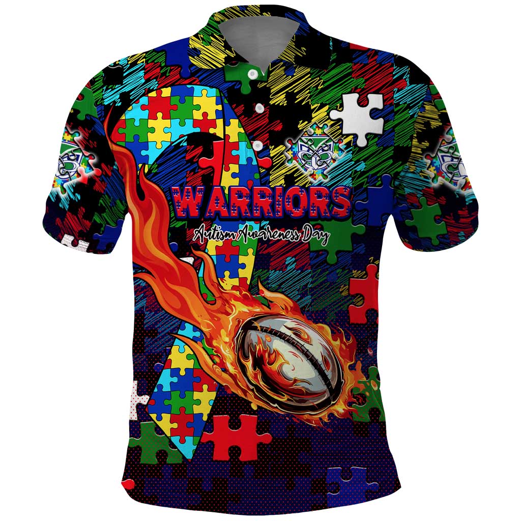 New Zealand Warriors Autism Awareness Polo Shirt Puzzle Flames Rugby Ball