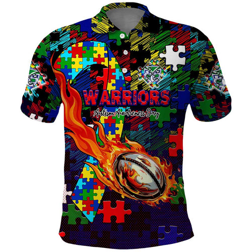 New Zealand Warriors Autism Awareness Polo Shirt Puzzle Flames Rugby Ball