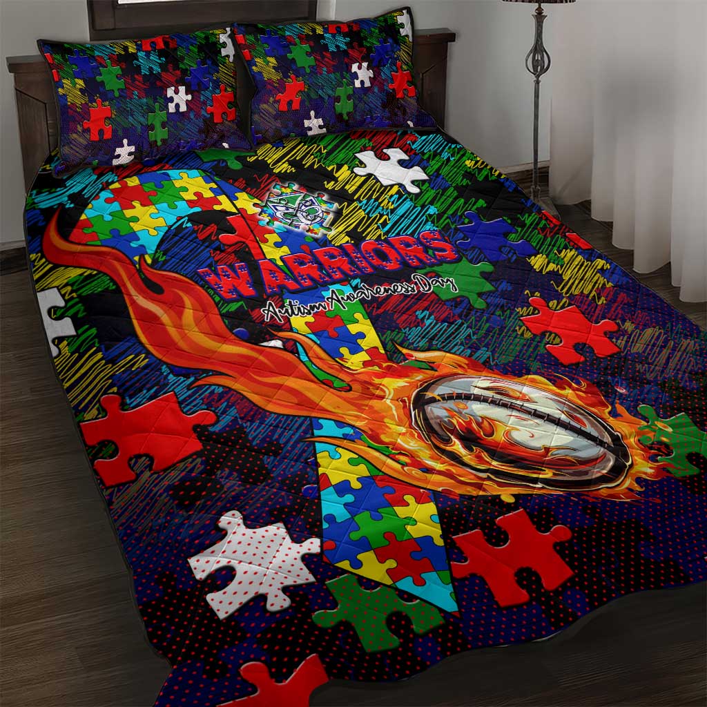 New Zealand Warriors Autism Awareness Quilt Bed Set Puzzle Flames Rugby Ball