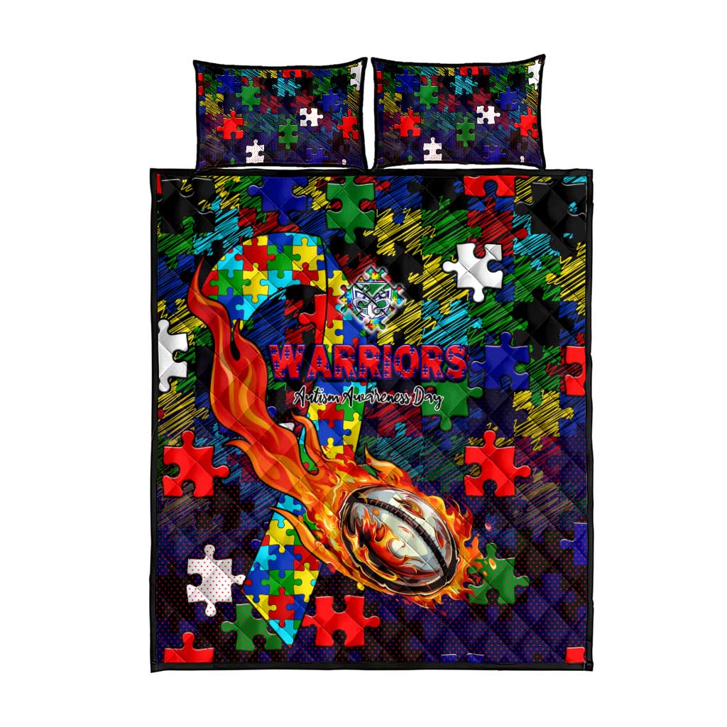 New Zealand Warriors Autism Awareness Quilt Bed Set Puzzle Flames Rugby Ball