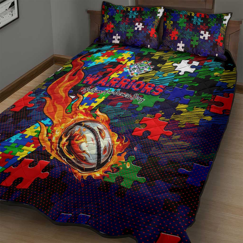 New Zealand Warriors Autism Awareness Quilt Bed Set Puzzle Flames Rugby Ball