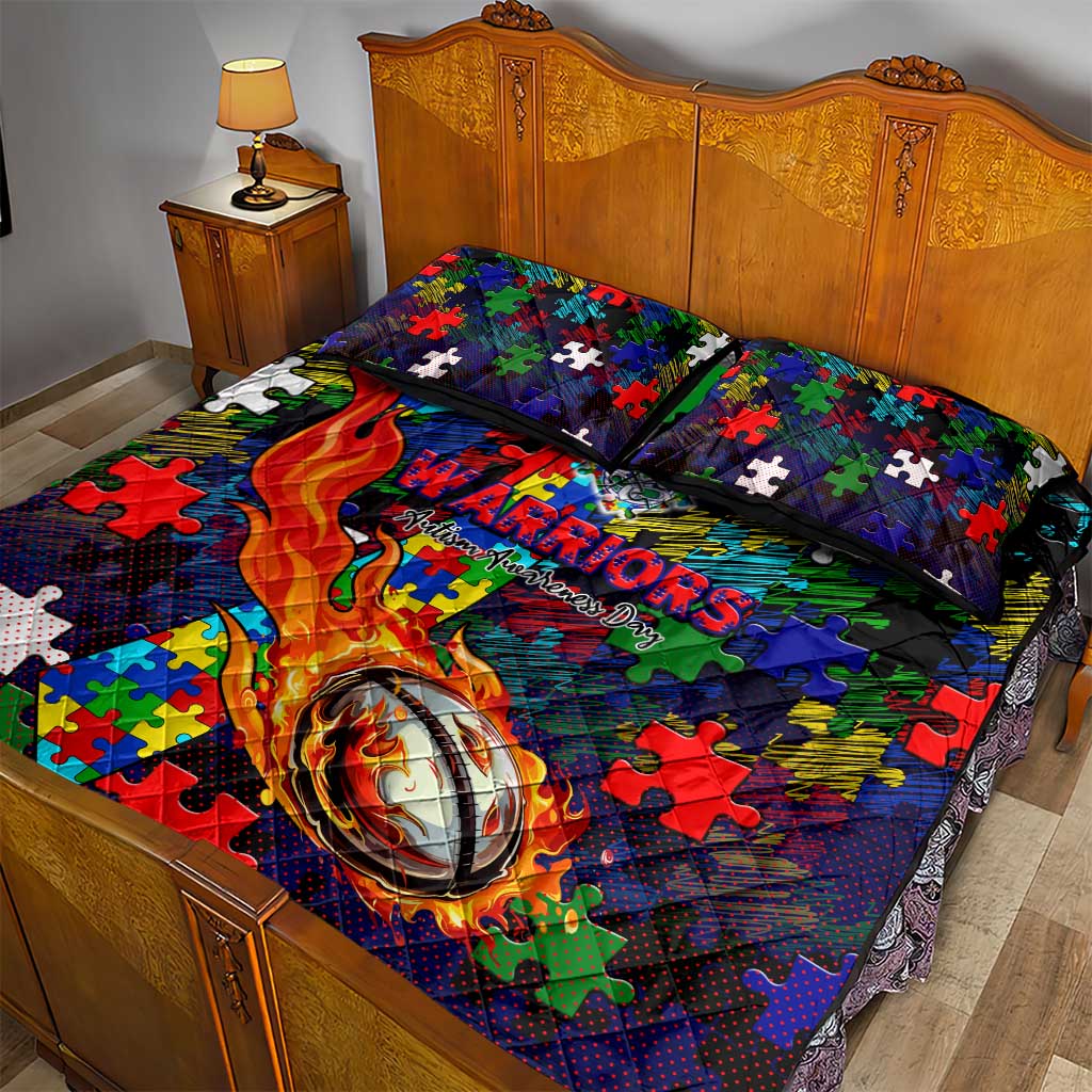 New Zealand Warriors Autism Awareness Quilt Bed Set Puzzle Flames Rugby Ball