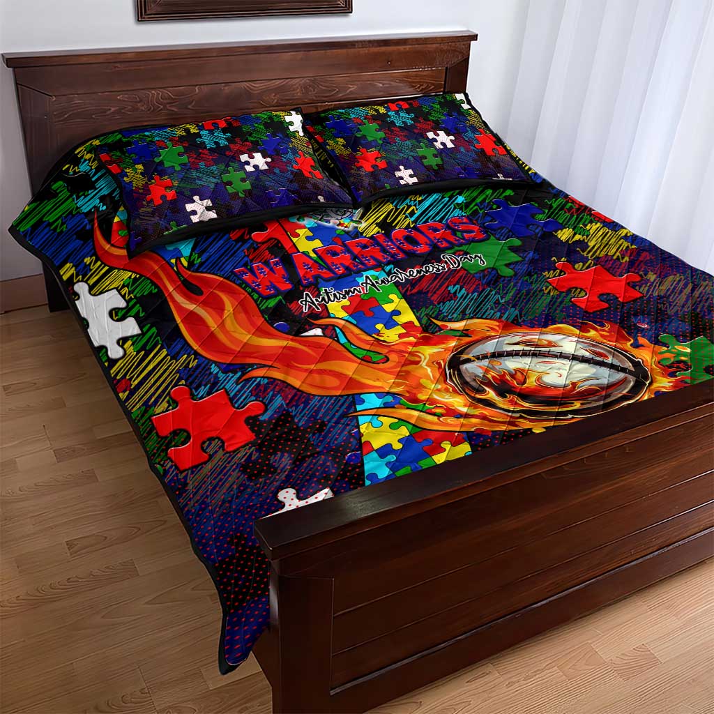 New Zealand Warriors Autism Awareness Quilt Bed Set Puzzle Flames Rugby Ball