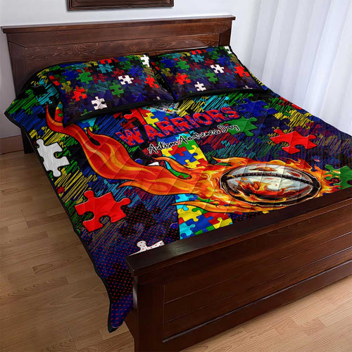 New Zealand Warriors Autism Awareness Quilt Bed Set Puzzle Flames Rugby Ball