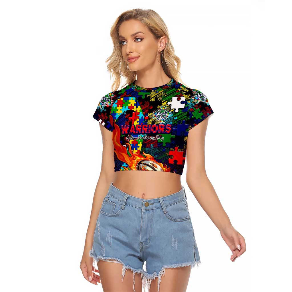 New Zealand Warriors Autism Awareness Raglan Cropped T Shirt Puzzle Flames Rugby Ball
