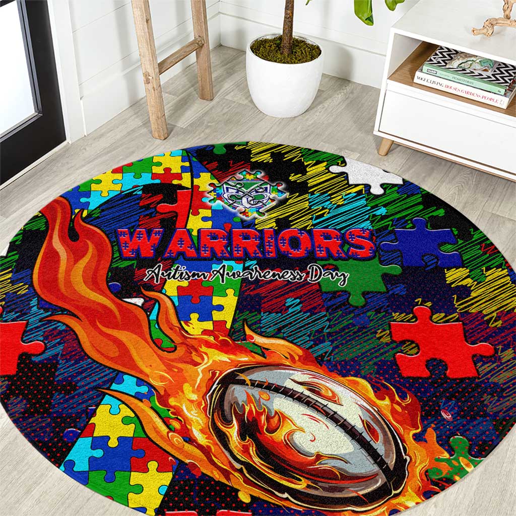 New Zealand Warriors Autism Awareness Round Carpet Puzzle Flames Rugby Ball