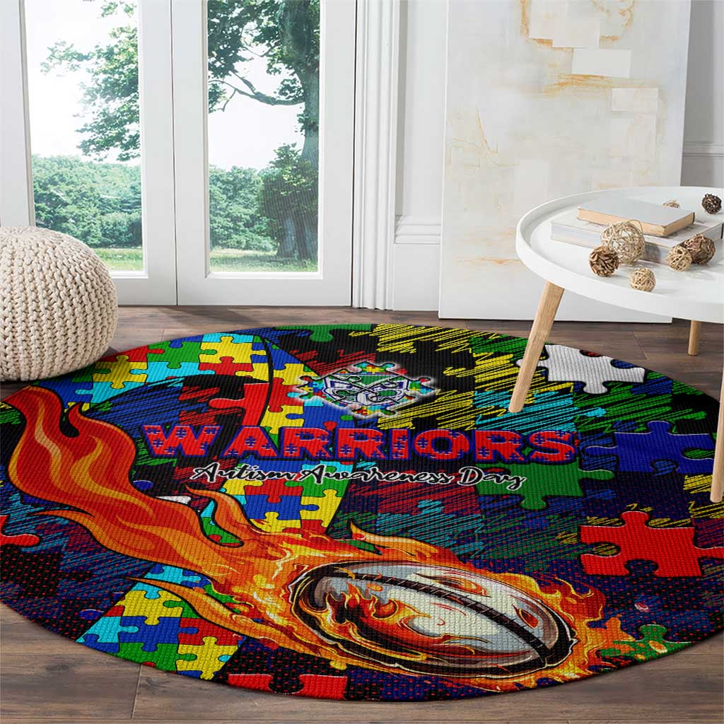 New Zealand Warriors Autism Awareness Round Carpet Puzzle Flames Rugby Ball