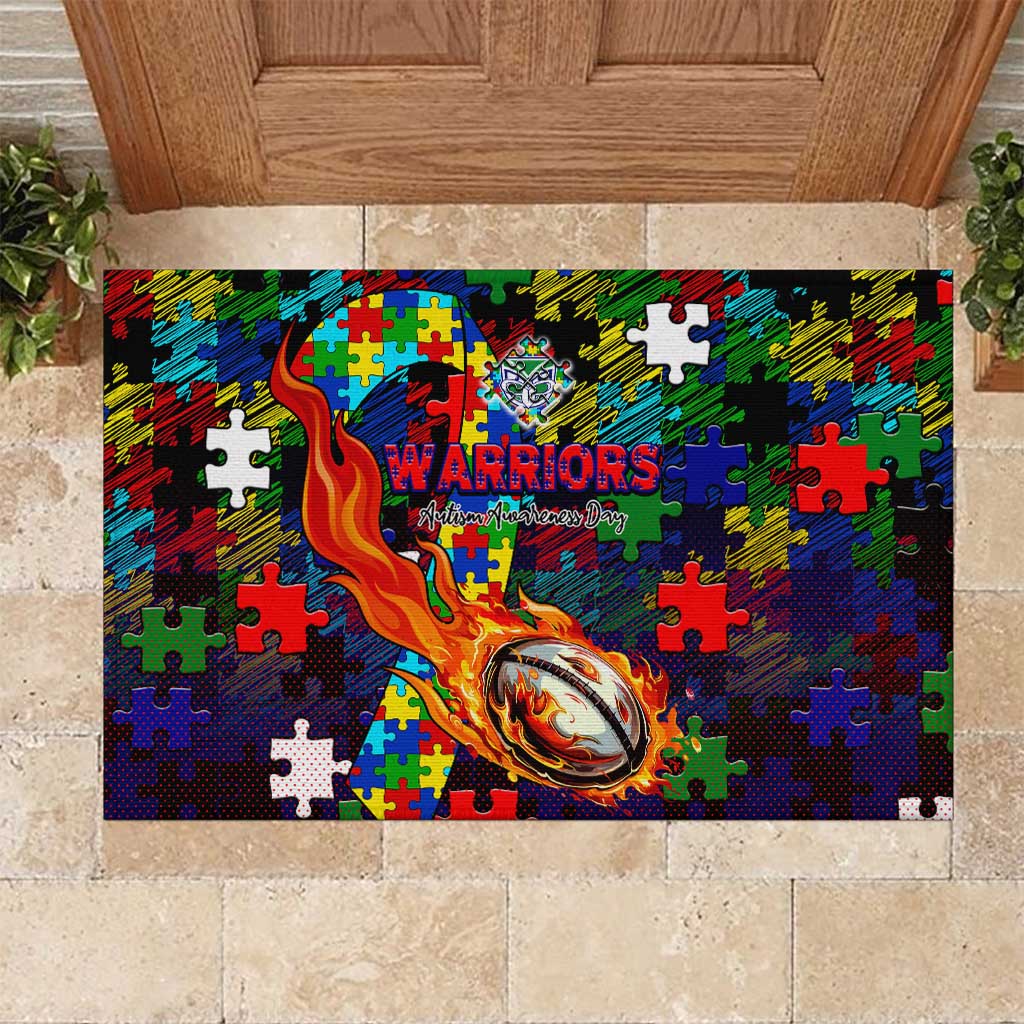 New Zealand Warriors Autism Awareness Rubber Doormat Puzzle Flames Rugby Ball
